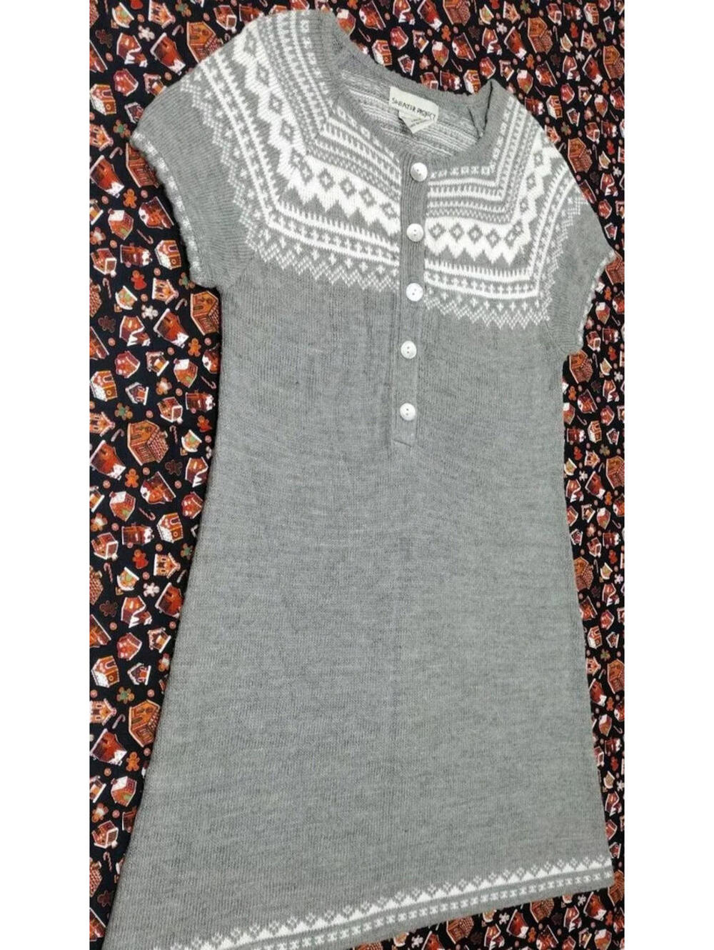Winter Sweater Dress Gray & White Winter Wonderland Shell Buttons Size S/M